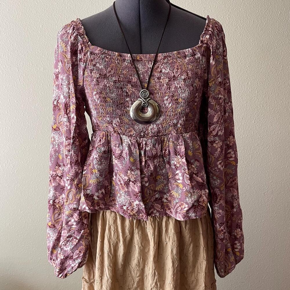 Y2K purple floral peplum boho peasant blouse cottage fairy prairie | size L/XL